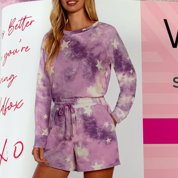 NWT Wildfox 2pc Lounge PJ Set Tie Dye Purple Stars Sweatshirt Shorts XL 18 20 - Picture 8 of 8